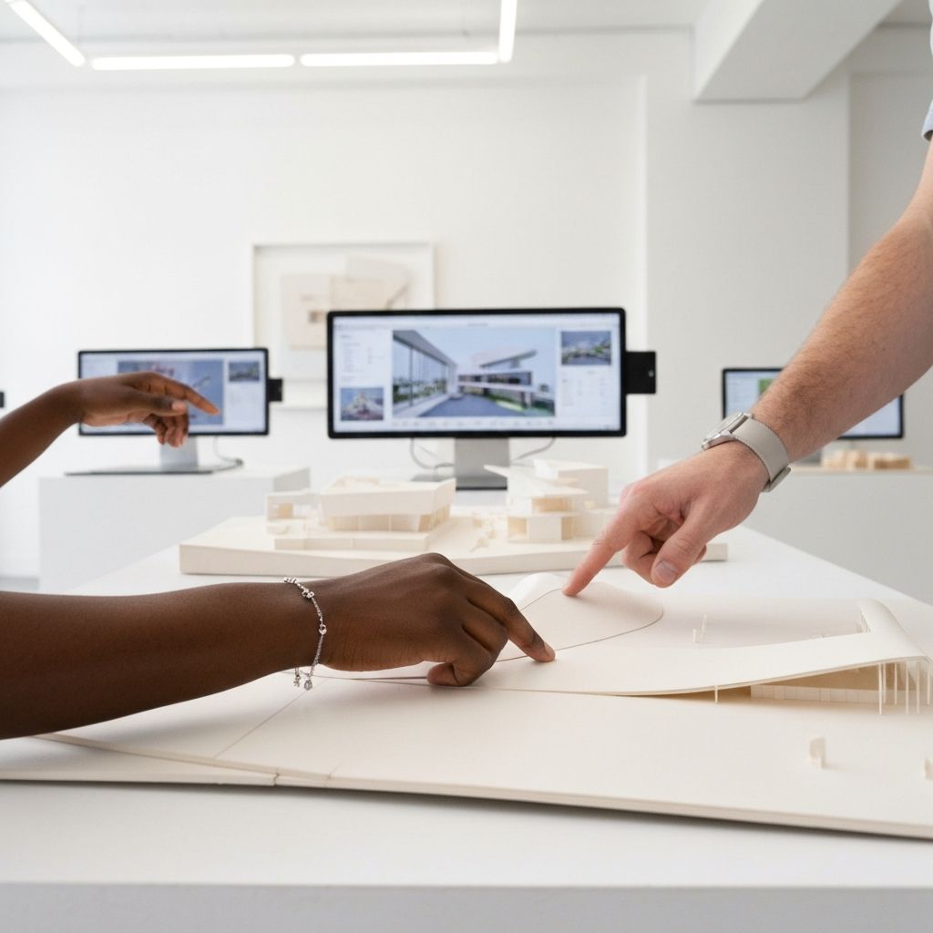 Diverse hands collaborating over design blueprints